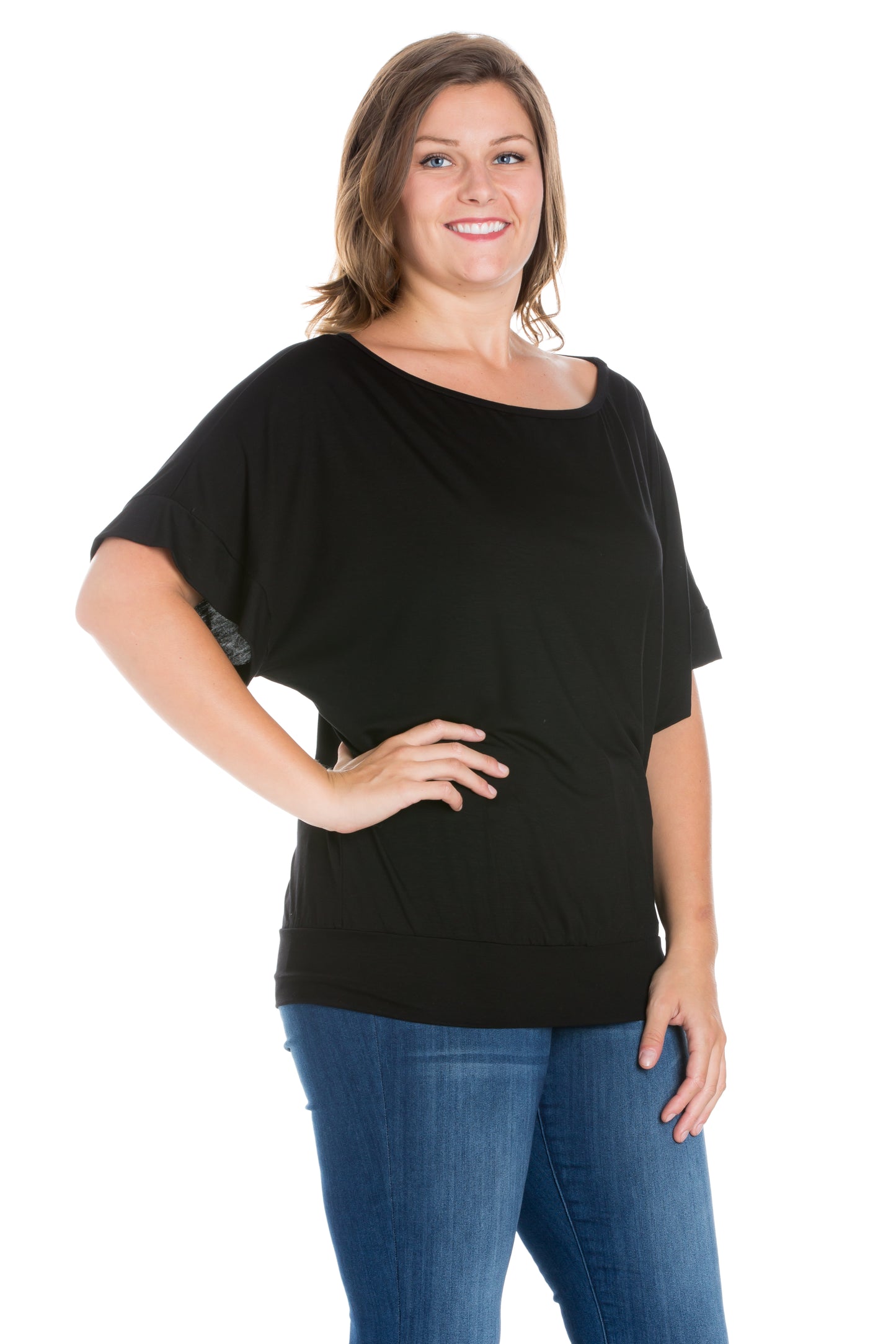 Womens Curvy Black Short Sleeve Loose Fitting Dolman Top