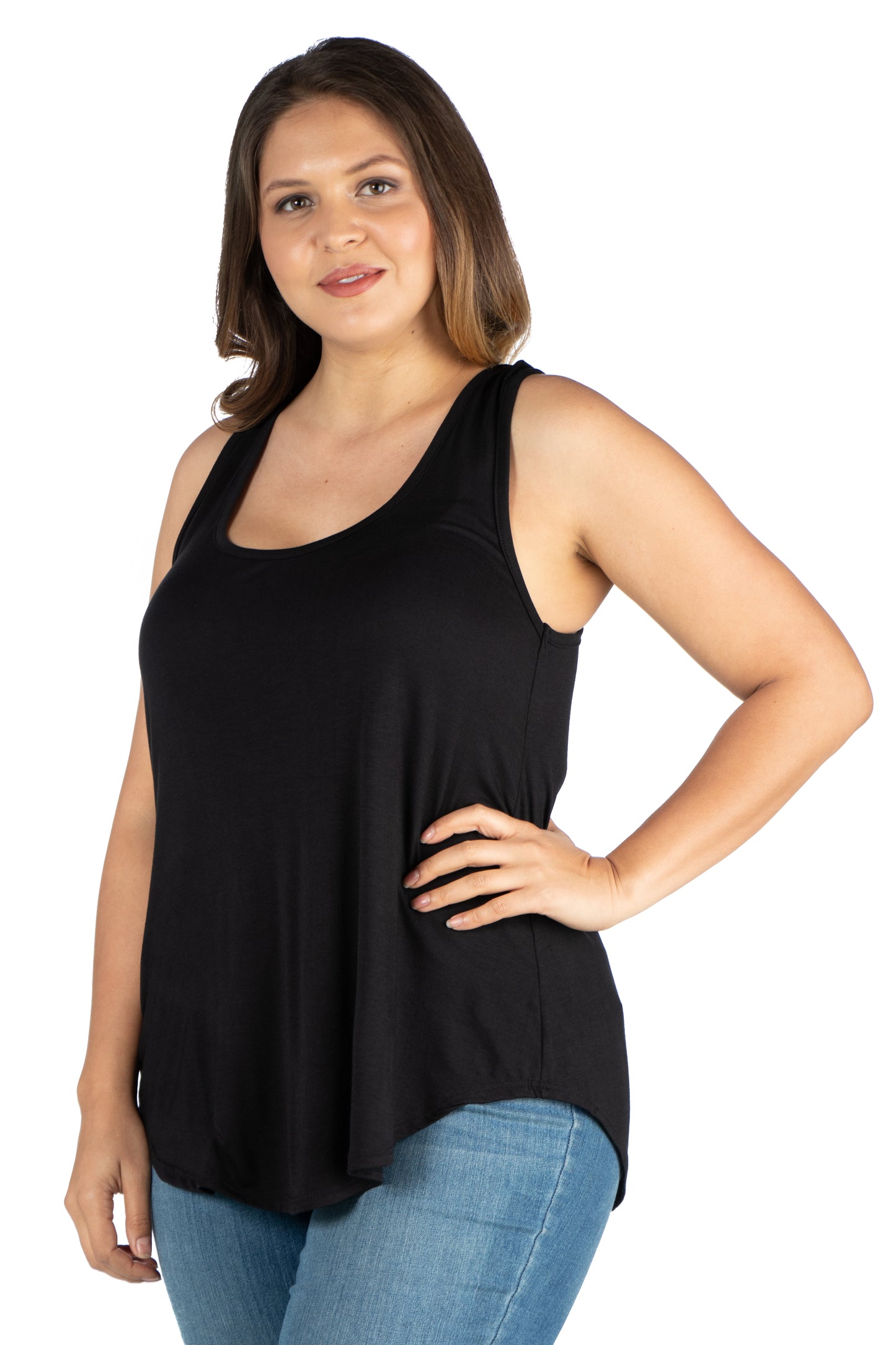 Womens Curvy Black Round Hemline Razorback Tank Top