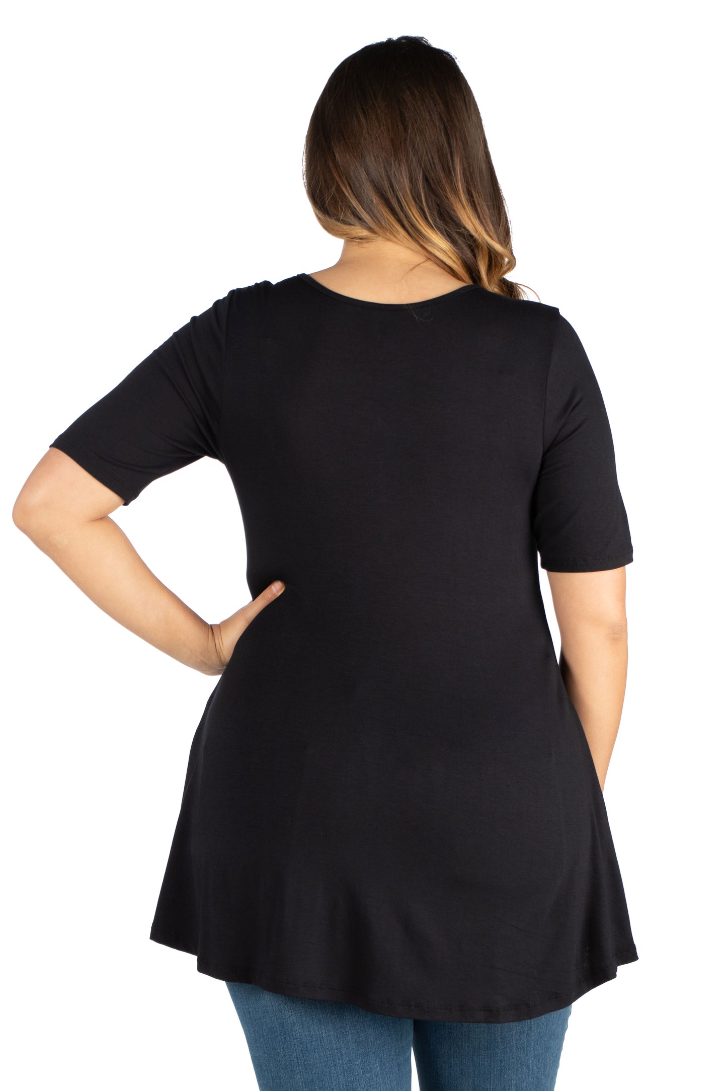 Womens Curvy Black Elbow Sleeve Henley Tunic Top