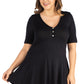 Womens Curvy Black Elbow Sleeve Henley Tunic Top