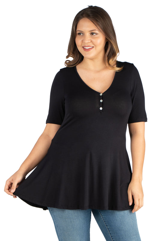 Womens Curvy Black Elbow Sleeve Henley Tunic Top