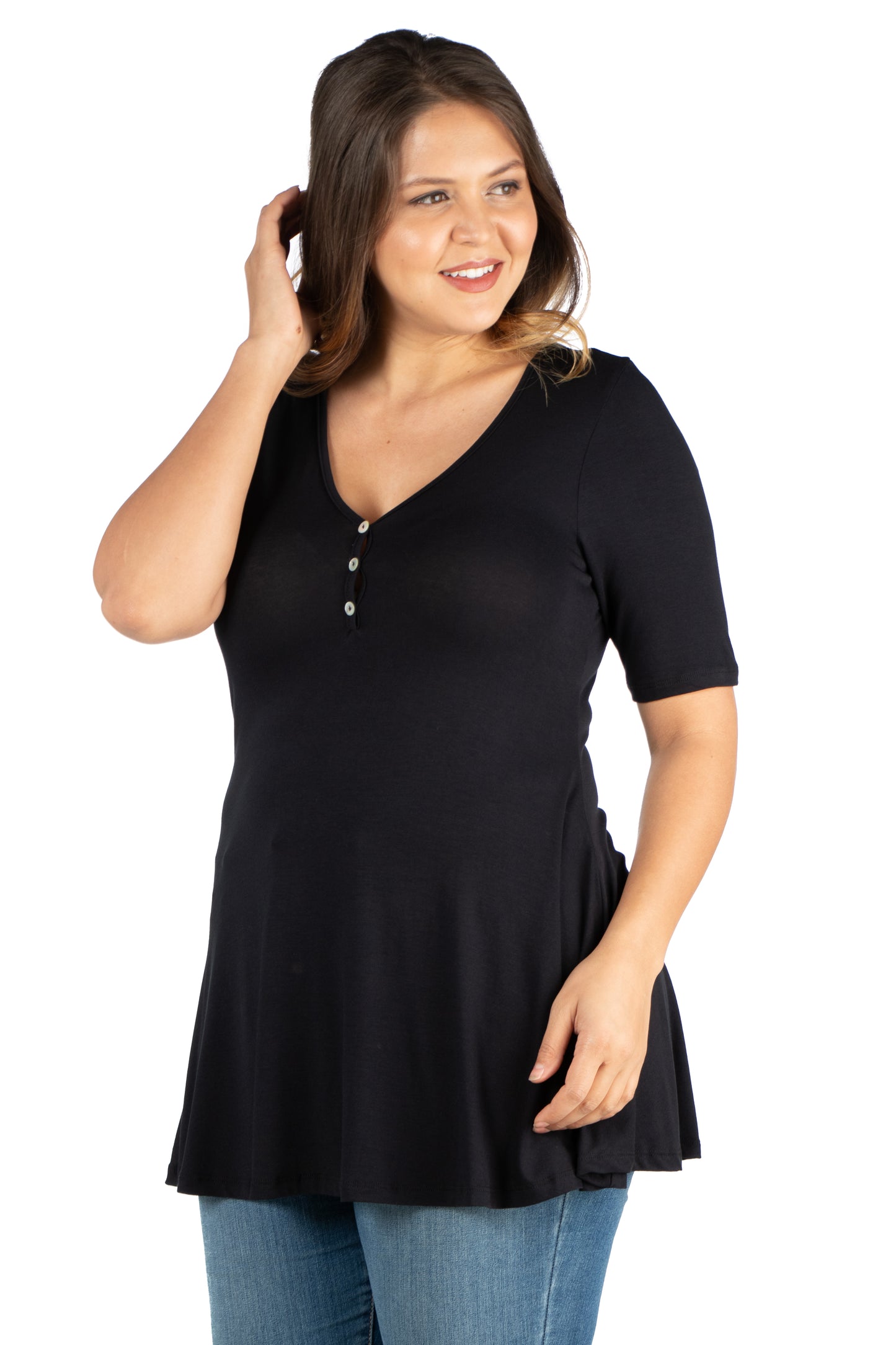 Womens Curvy Black Elbow Sleeve Henley Tunic Top