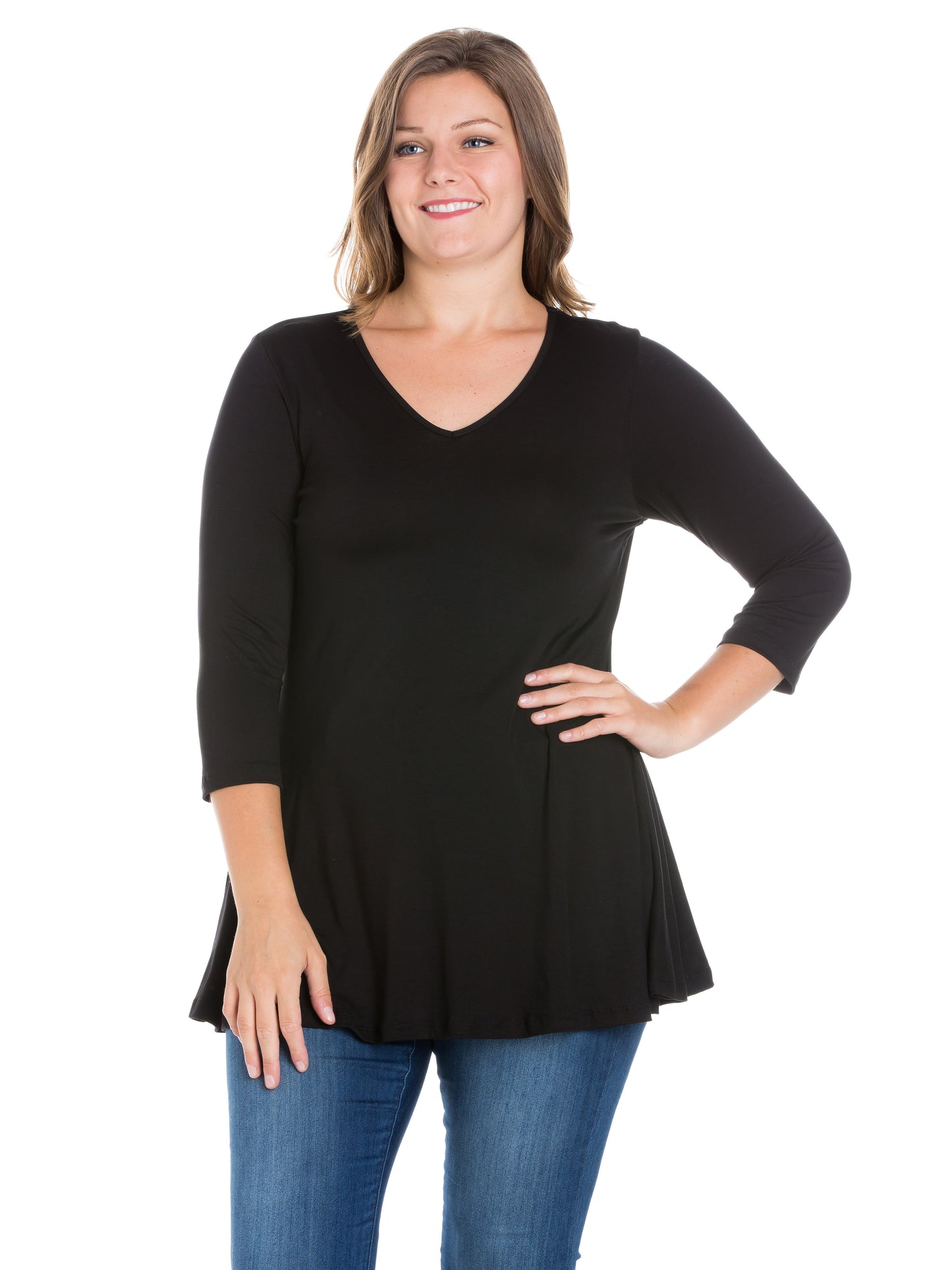 Womens Curvy Black Three Quarter Sleeve V Neck Tunic Top