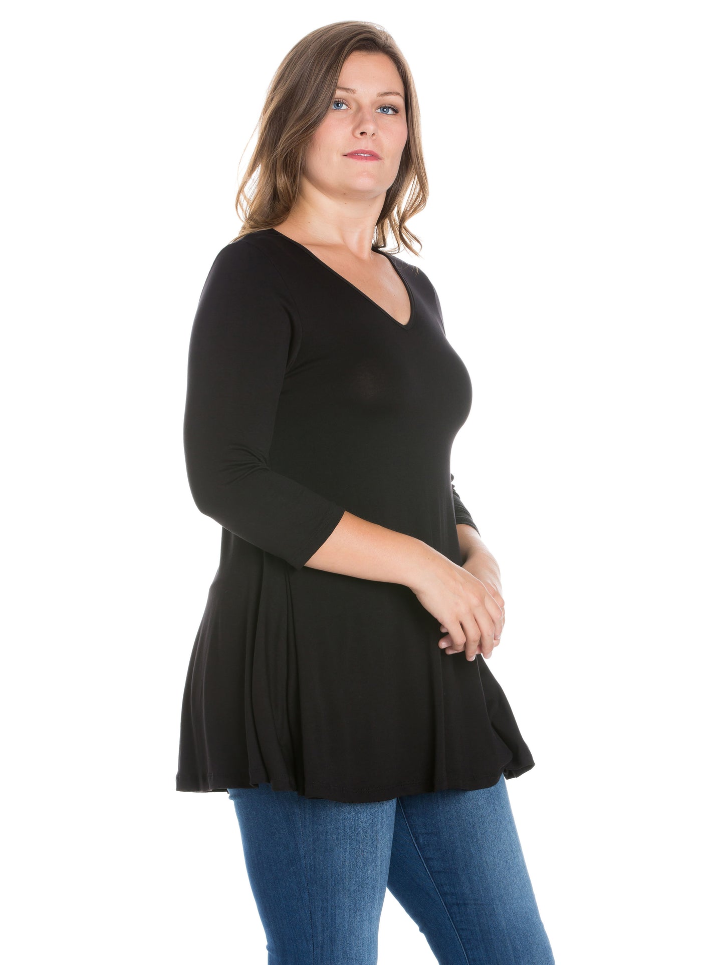 Womens Curvy Black Three Quarter Sleeve V Neck Tunic Top