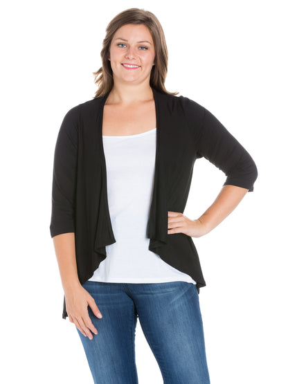 Womens Curvy Black Elbow Length Sleeve Open Cardigan