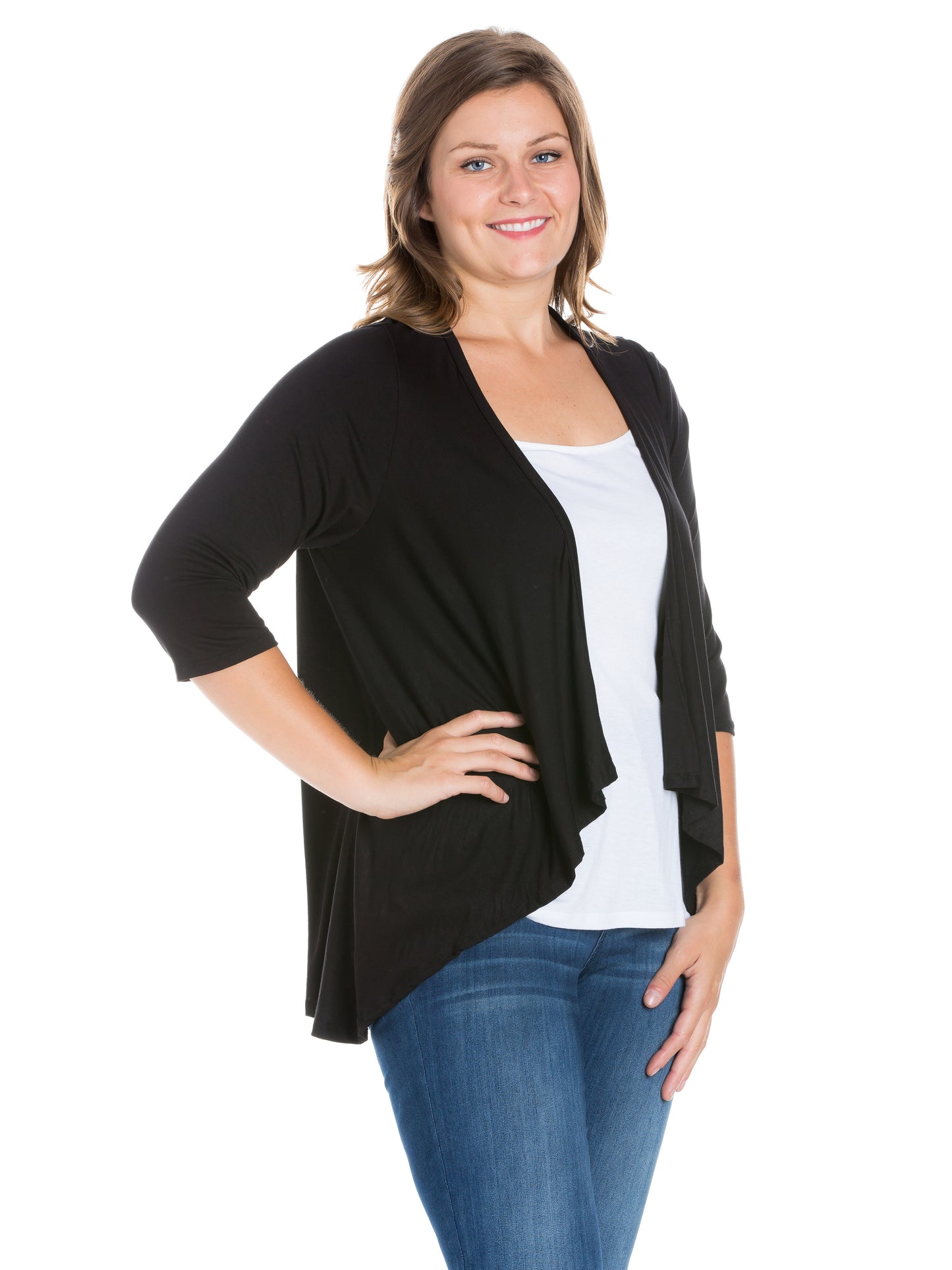 Womens Curvy Black Elbow Length Sleeve Open Cardigan