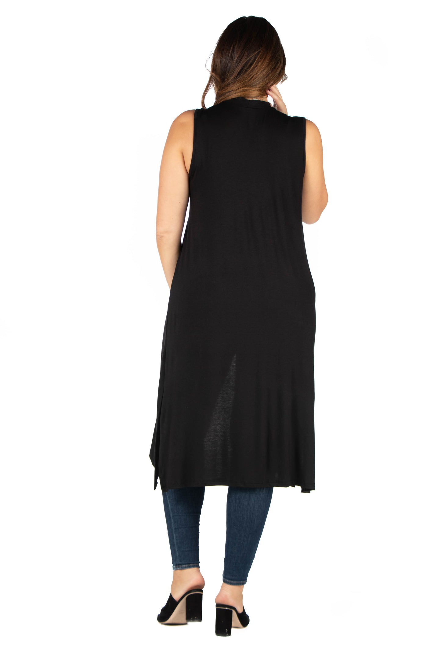 Womens Curvy Black Long Sleeveless Cardigan Vest