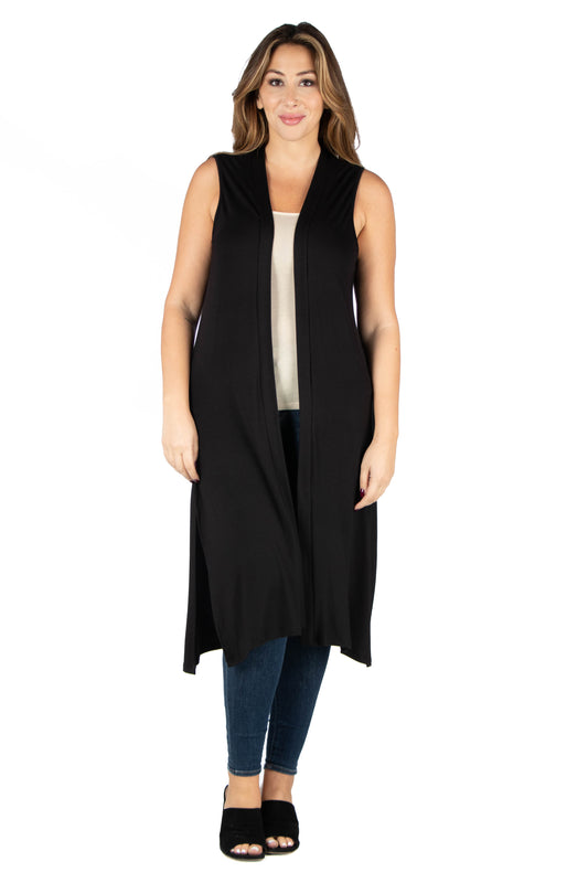 Womens Curvy Black Long Sleeveless Cardigan Vest