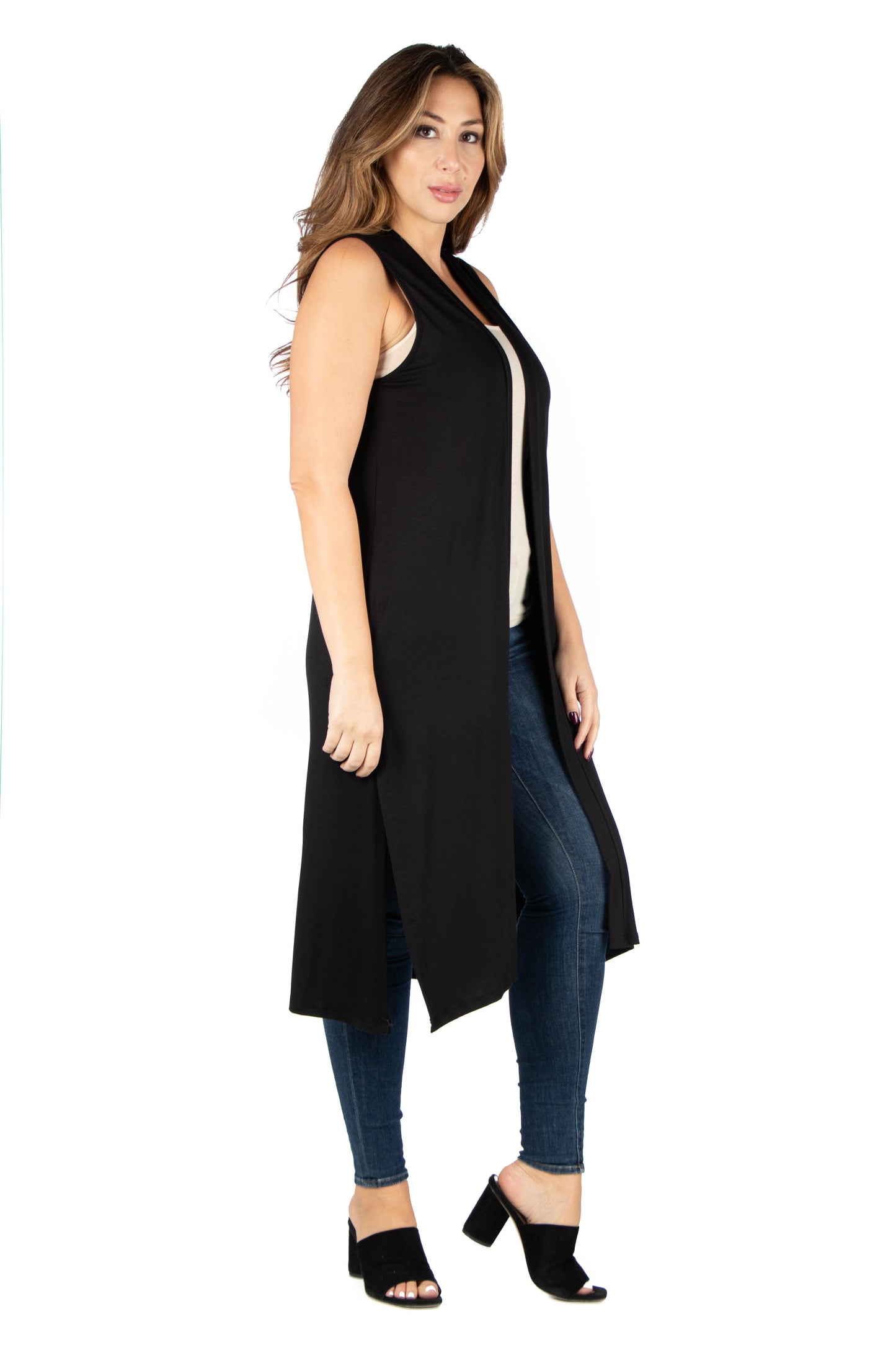 Womens Curvy Black Long Sleeveless Cardigan Vest