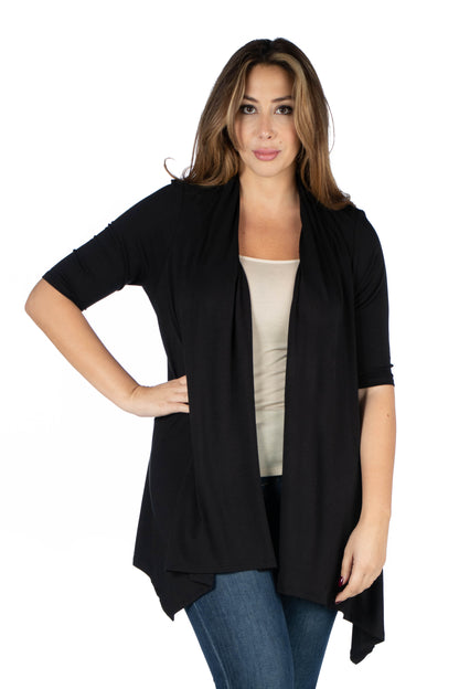 Womens Curvy Black Elbow Length Sleeve Open Front Cardigan