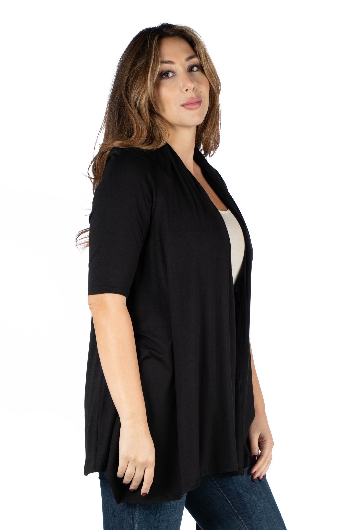 Womens Curvy Black Elbow Length Sleeve Open Front Cardigan