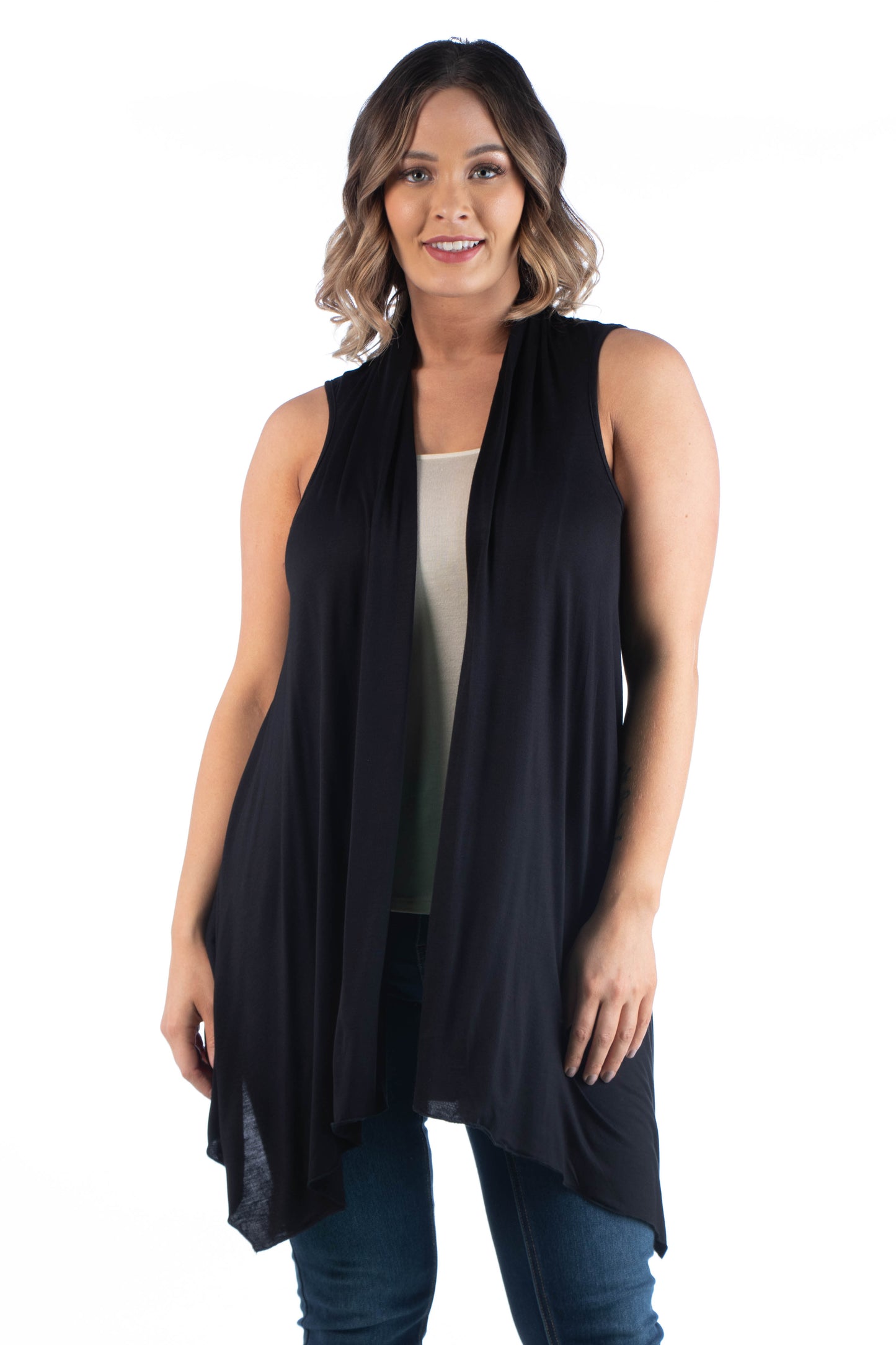 Womens Curvy Black Asymmetric Open Front Cardigan