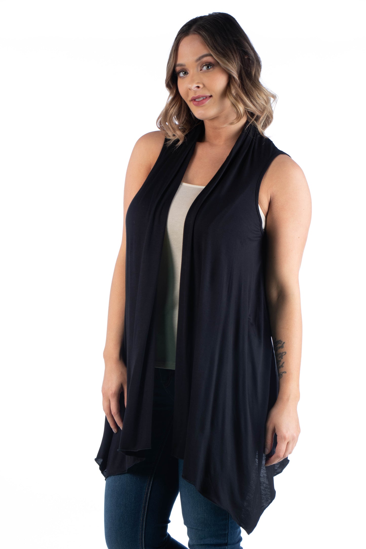 Womens Curvy Black Asymmetric Open Front Cardigan