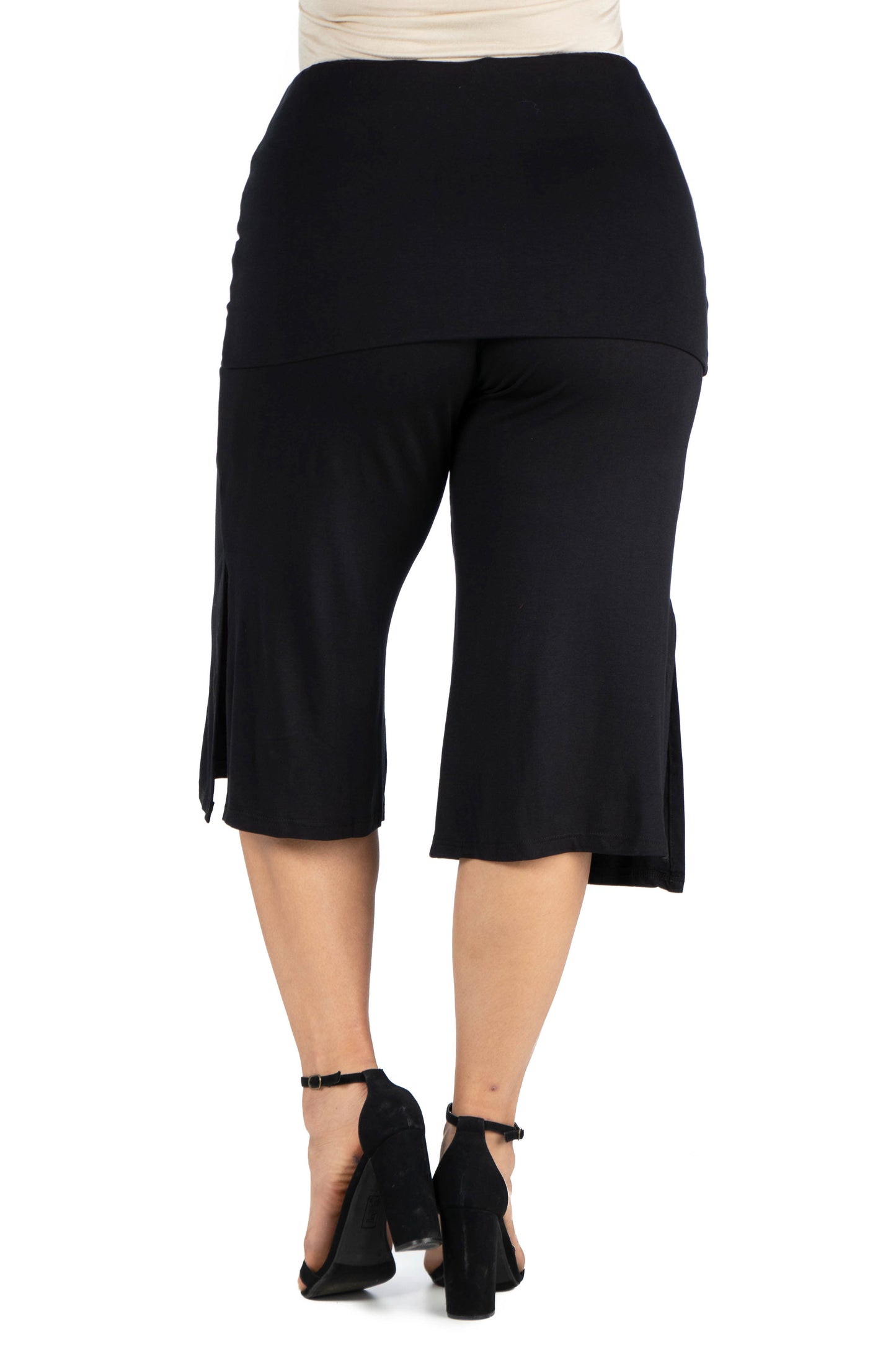 Womens Curvy Black Foldover Waist Cropped Pants