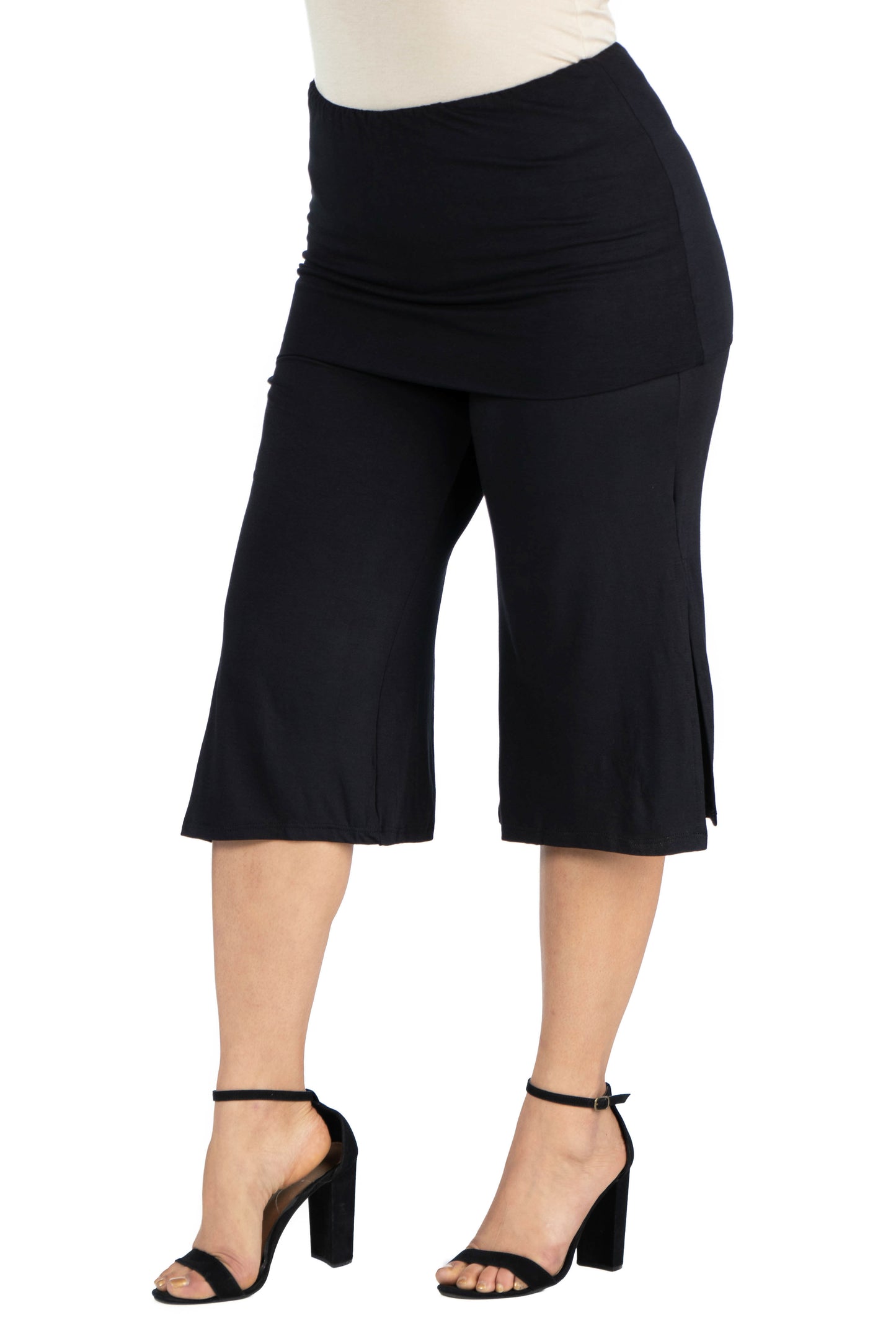 Womens Curvy Black Foldover Waist Cropped Pants