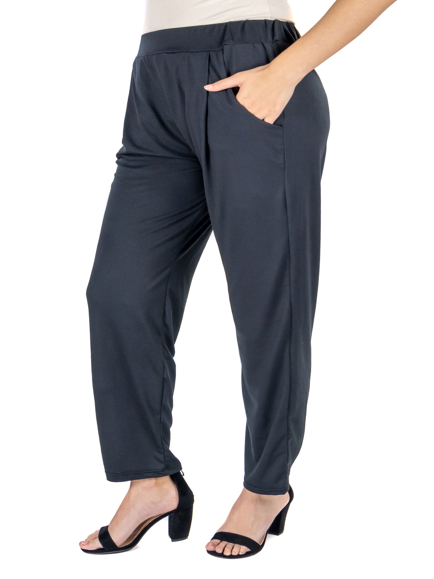 Womens Curvy Black Stretch Waist Trouser Pants With Pockets