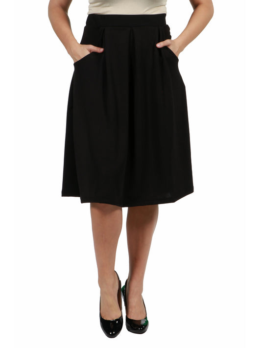 Womens Curvy Black Elastic Waist Pleated Knee Length Pocket Skirt