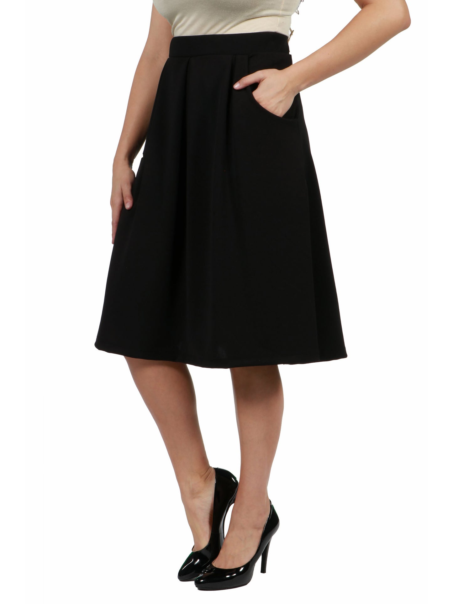 Womens Curvy Black Elastic Waist Pleated Knee Length Pocket Skirt