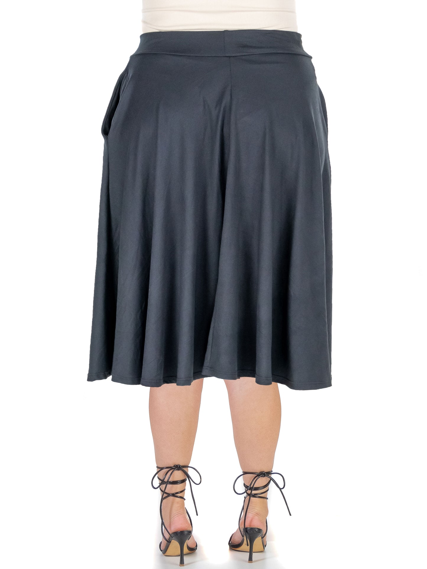 Womens Curvy Black Elastic Waist Pleated Pocket Midi Skirt