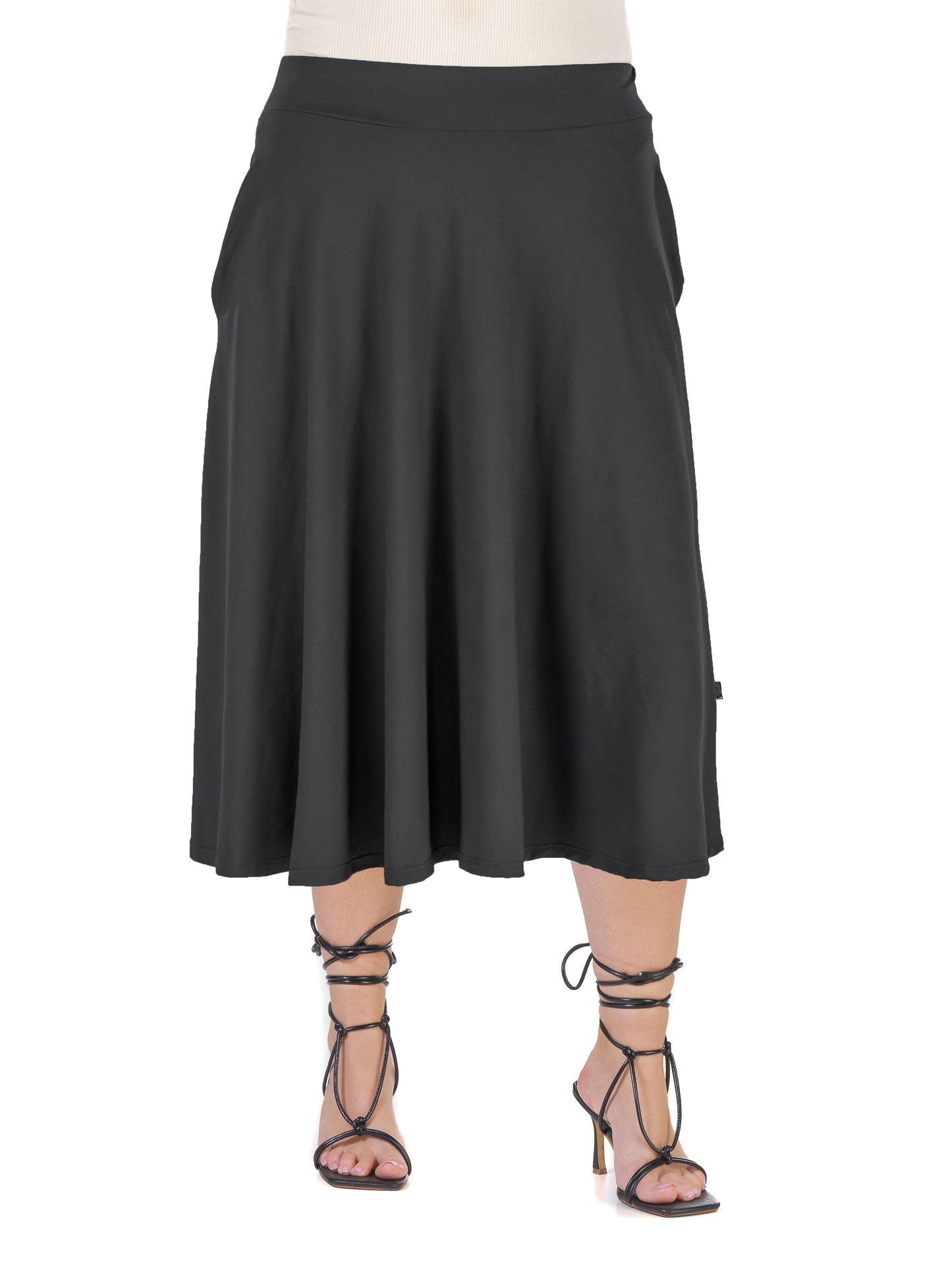 Womens Curvy Black Elastic Waist Pleated Pocket Midi Skirt