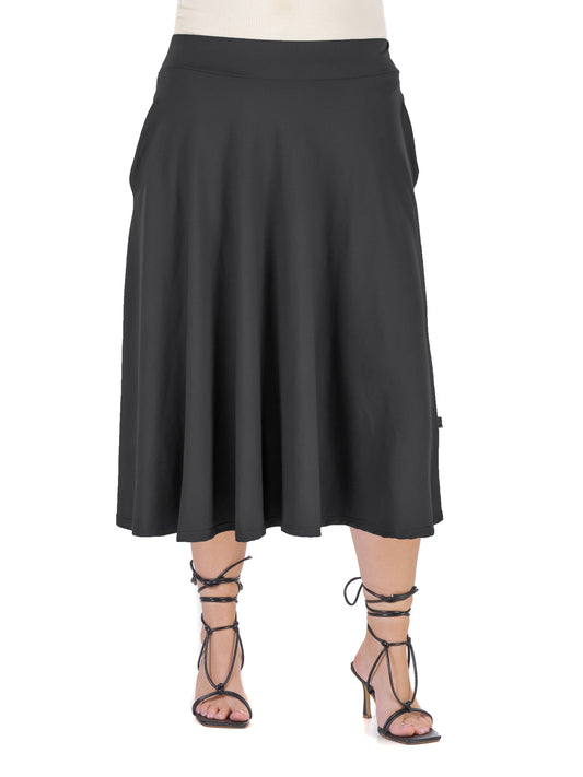 Womens Curvy Black Elastic Waist Pleated Pocket Midi Skirt