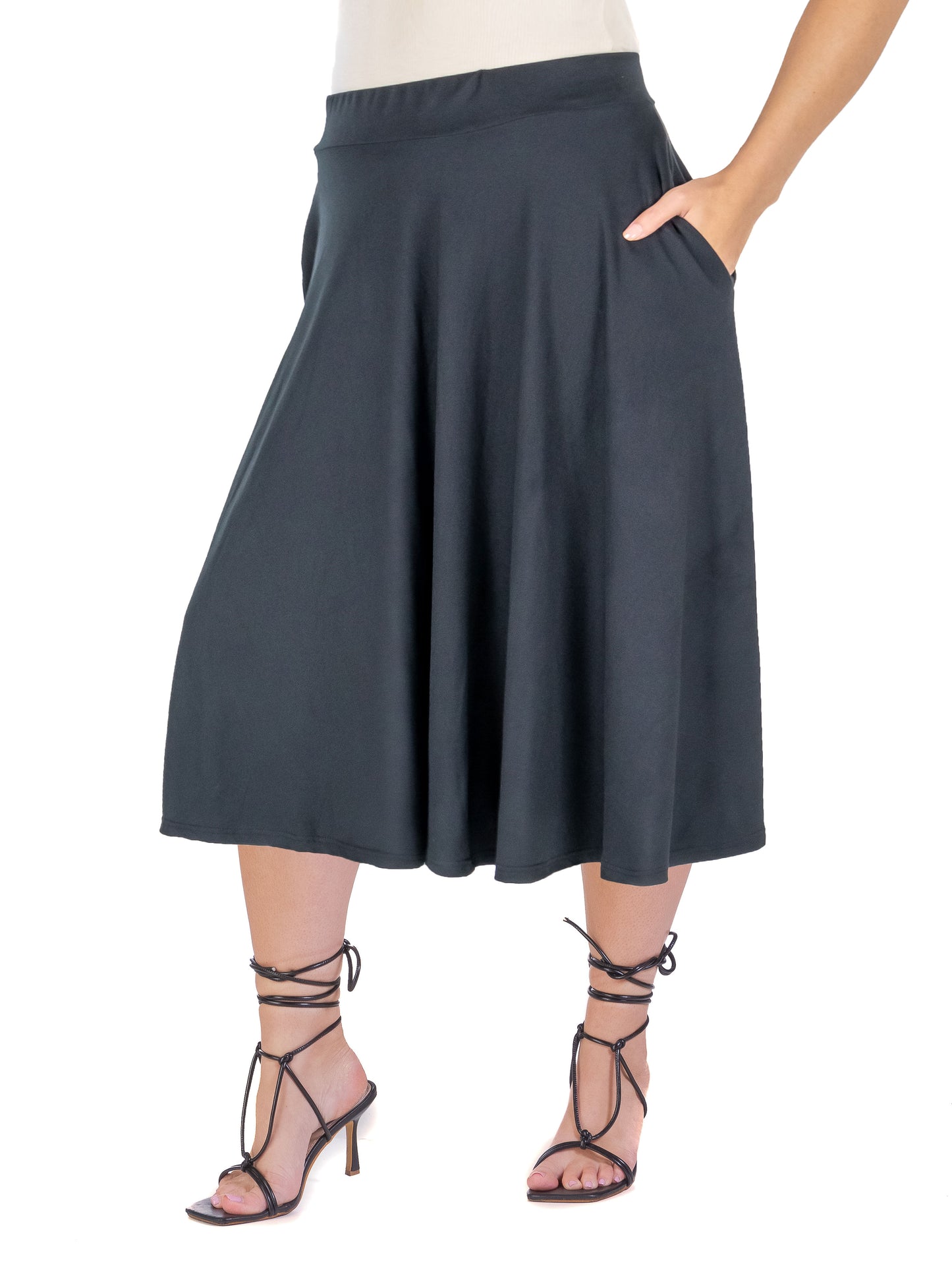 Womens Curvy Black Elastic Waist Pleated Pocket Midi Skirt