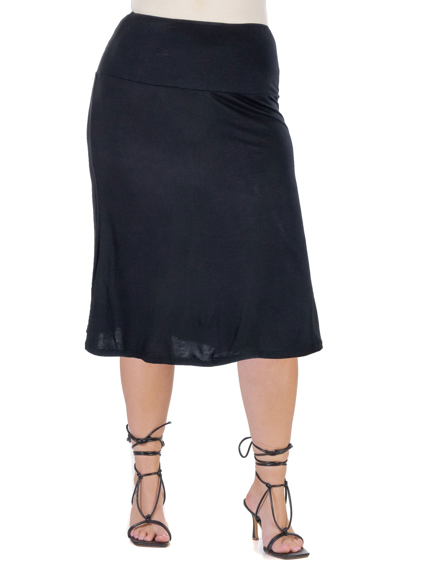 Womens Curvy Black A Line Elastic Waist Knee Length Skirt