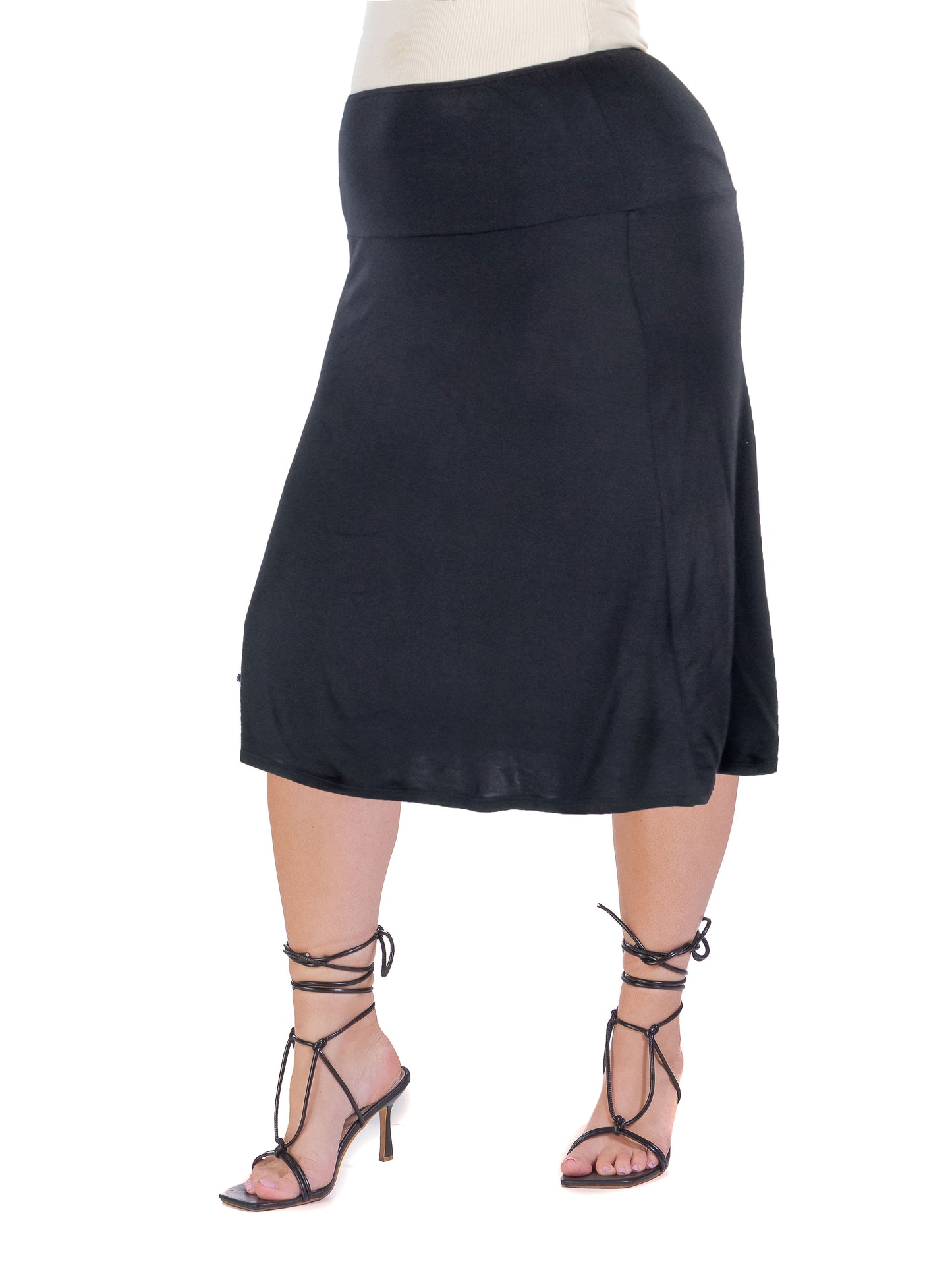 Womens Curvy Black A Line Elastic Waist Knee Length Skirt