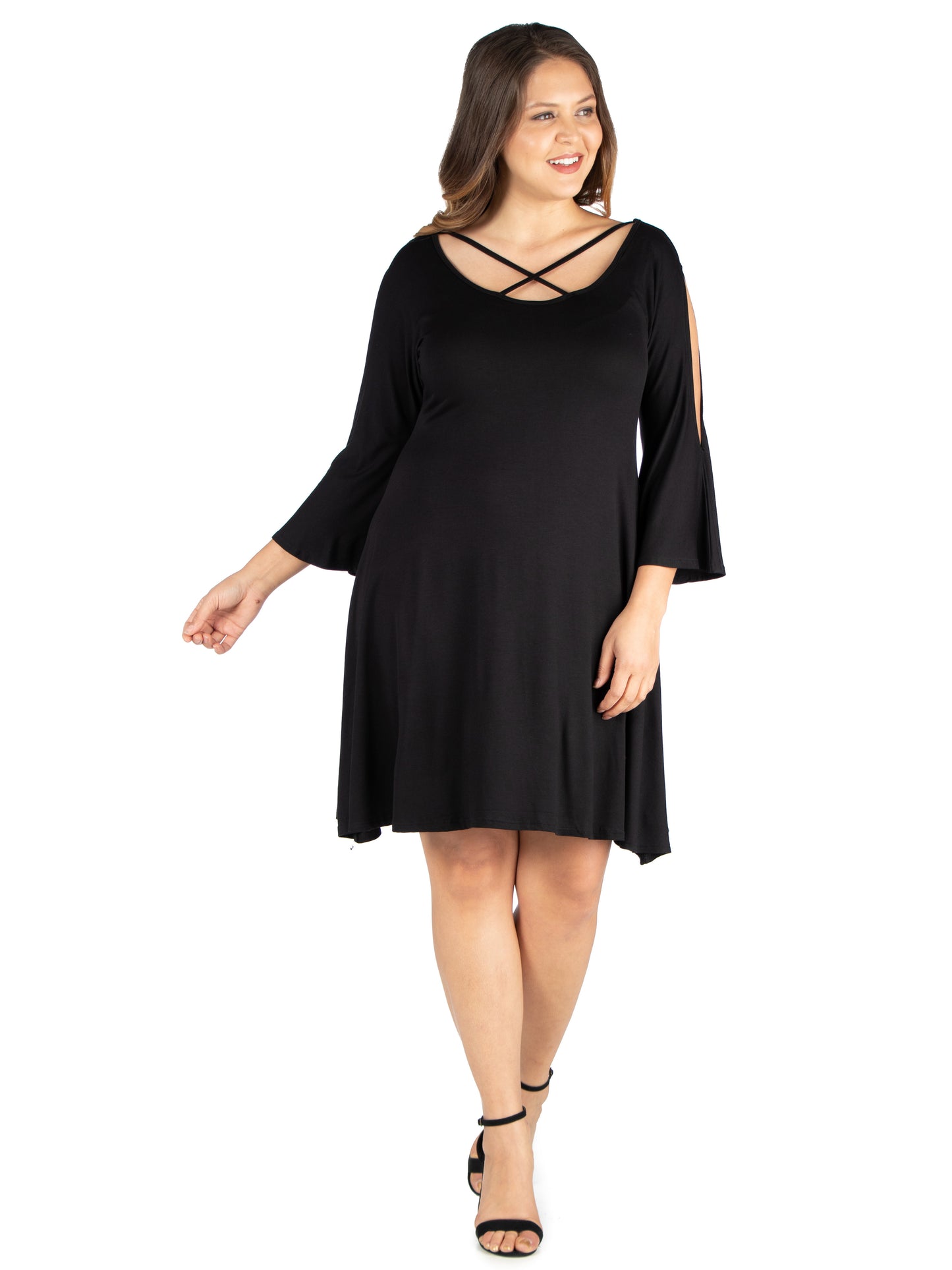 Womens Curvy Black Criss Cross Neckline Cold Shoulder Dress