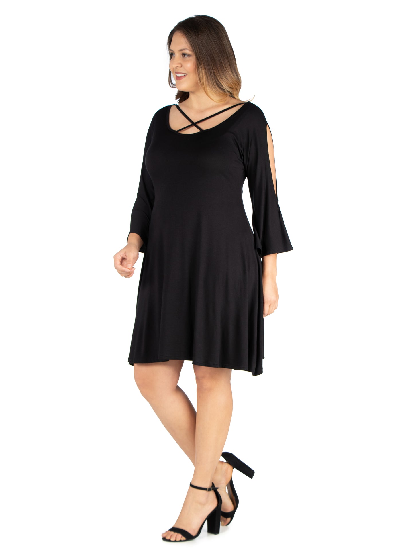 Womens Curvy Black Criss Cross Neckline Cold Shoulder Dress