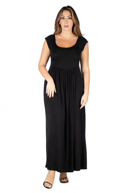 Womens Curvy Black Cap Sleeve Empire Waist Maxi Dress