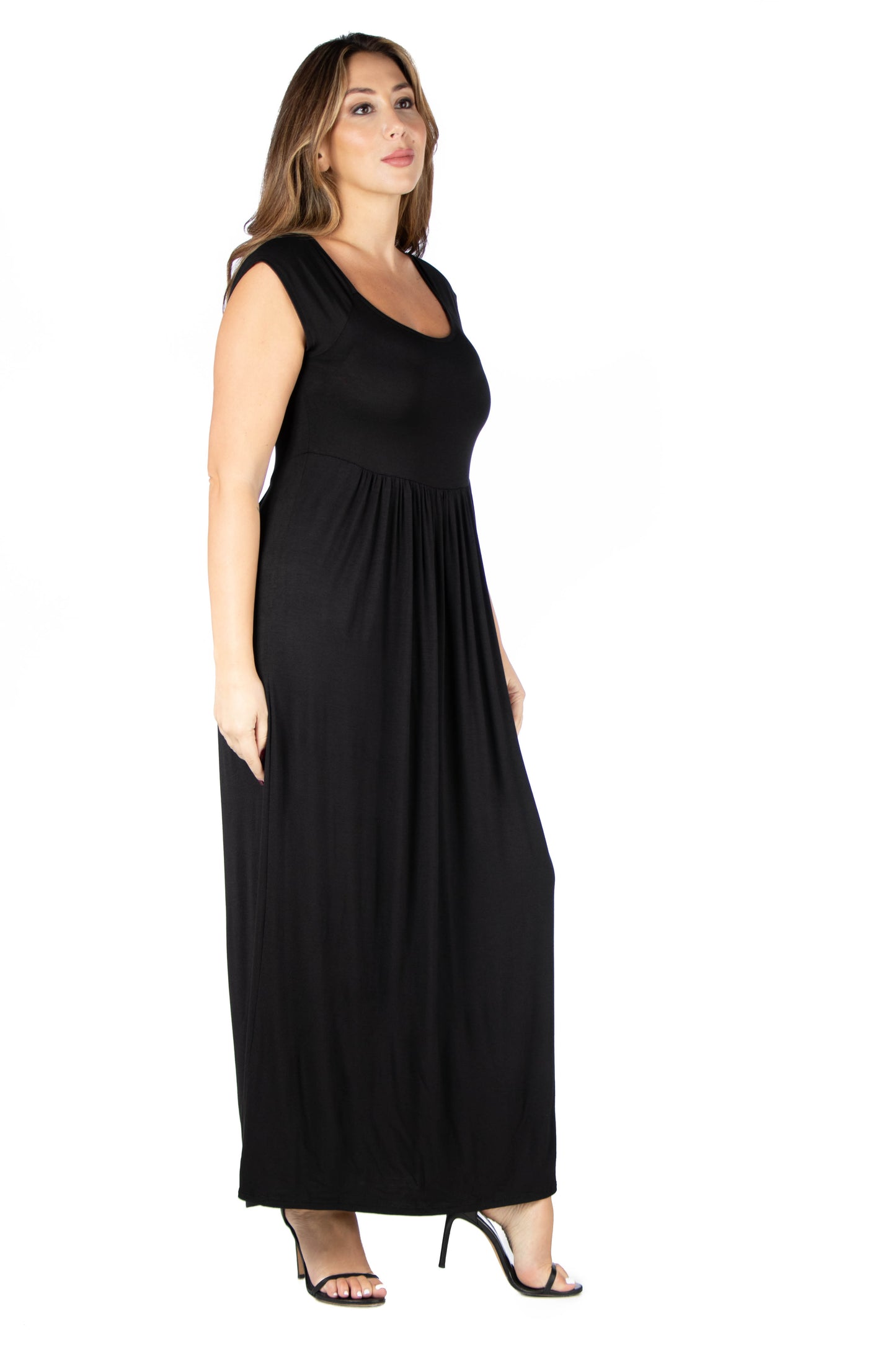 Womens Curvy Black Cap Sleeve Empire Waist Maxi Dress