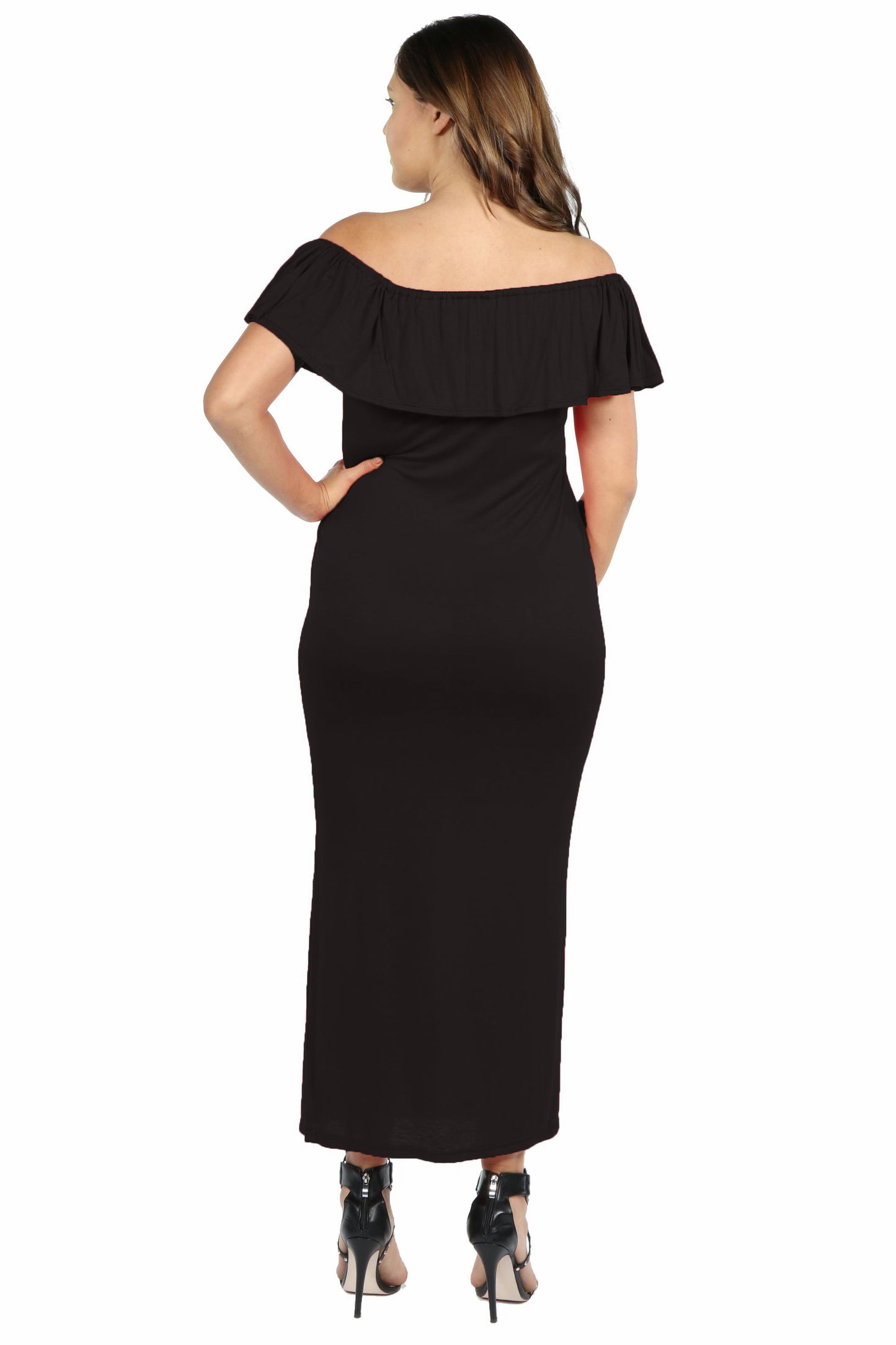 Womens Curvy Black Ruffle Off The Shoulder Maxi Dress