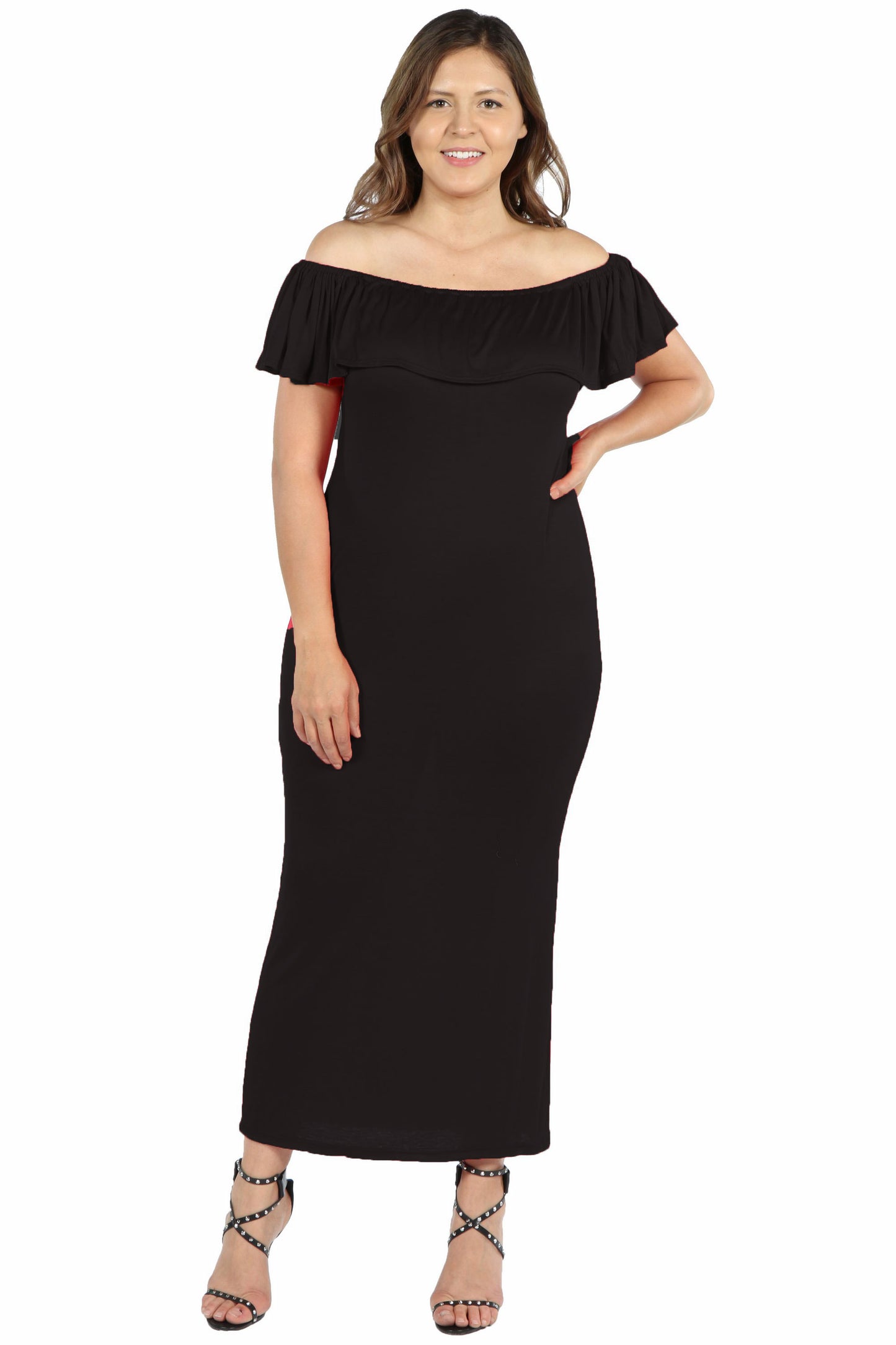 Womens Curvy Black Ruffle Off The Shoulder Maxi Dress