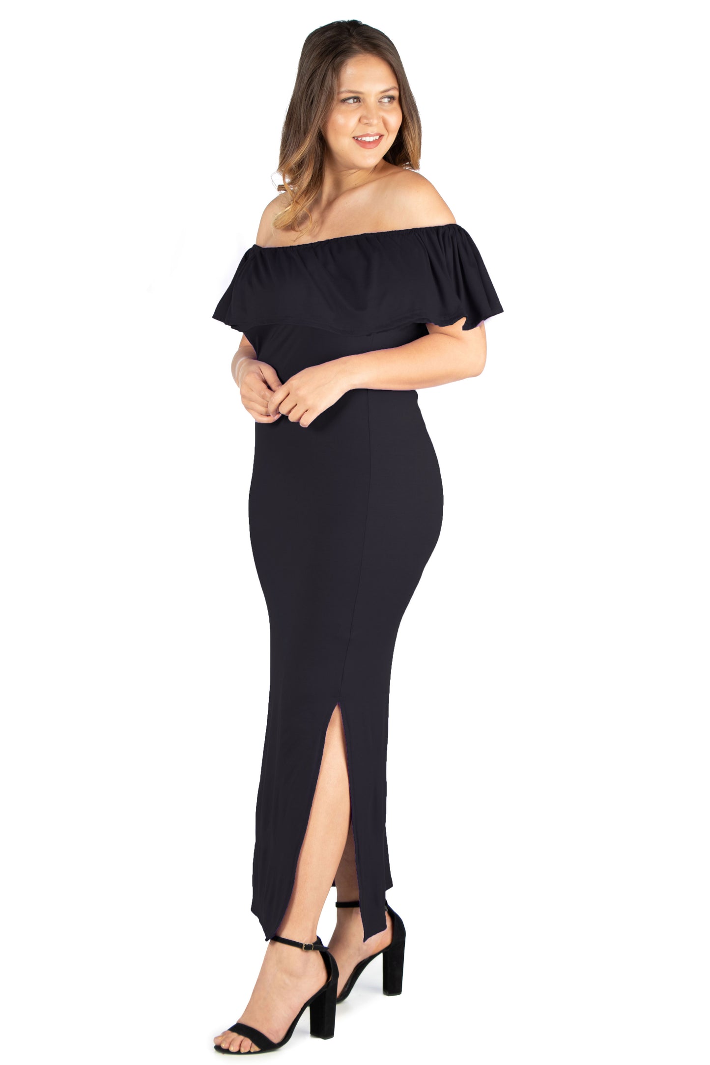 Womens Curvy Black Ruffle Off The Shoulder Maxi Dress