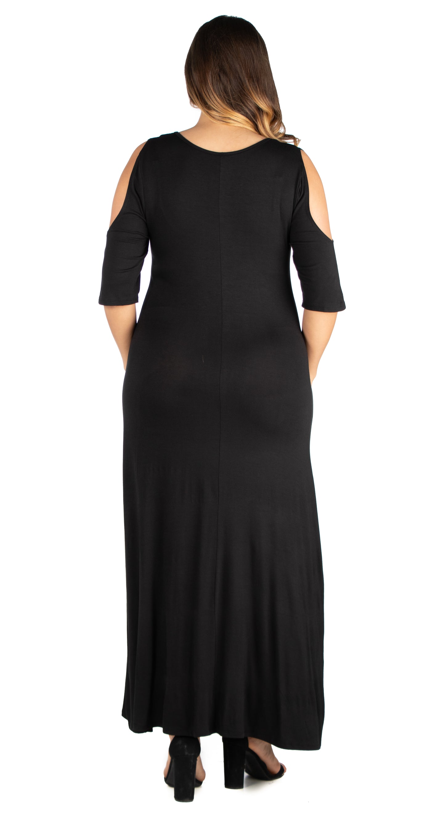 Womens Curvy Black Elbow Length Sleeve Cold Shoulder Maxi Dress