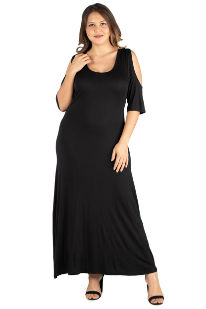 Womens Curvy Black Elbow Length Sleeve Cold Shoulder Maxi Dress