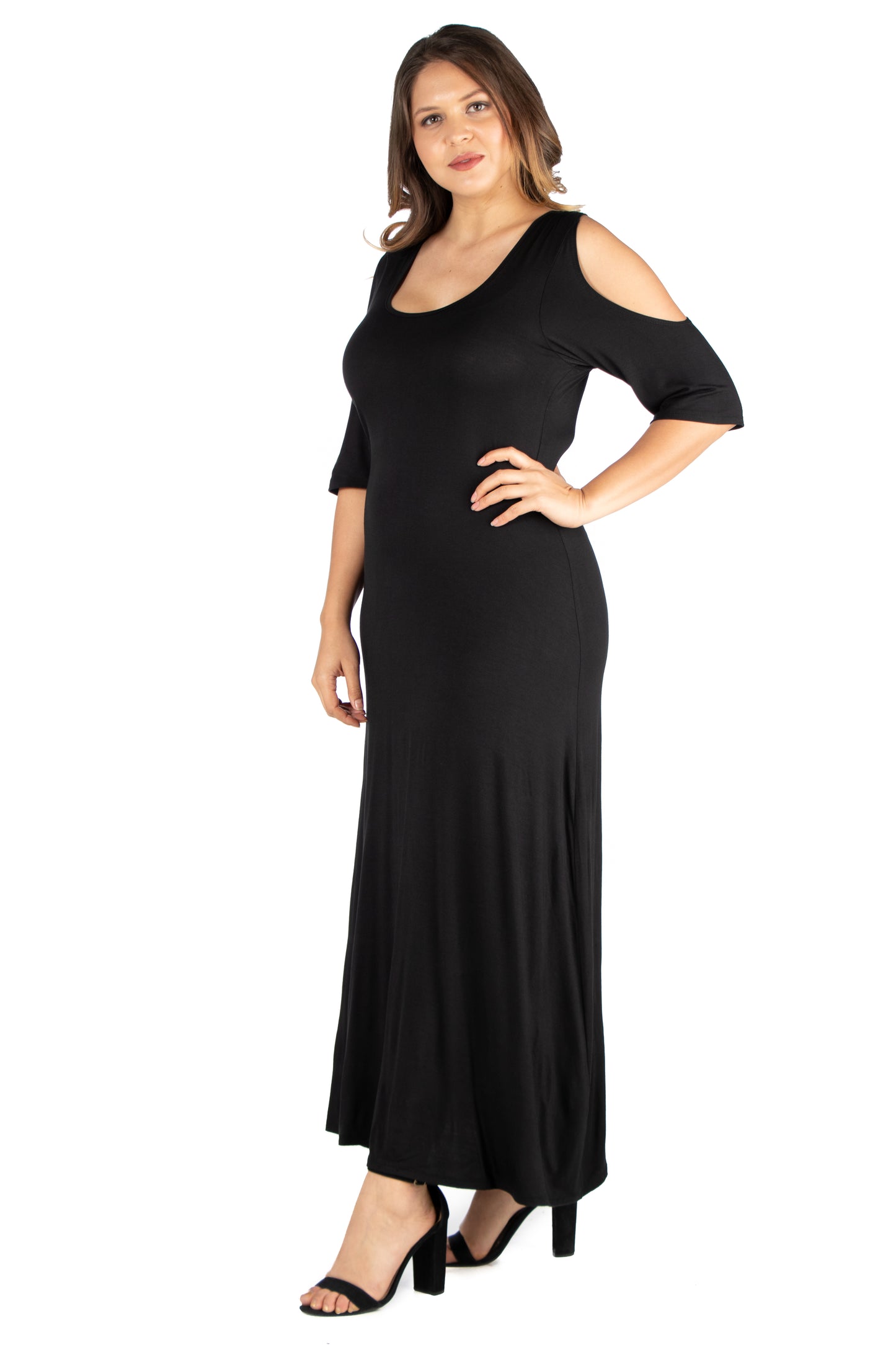 Womens Curvy Black Elbow Length Sleeve Cold Shoulder Maxi Dress