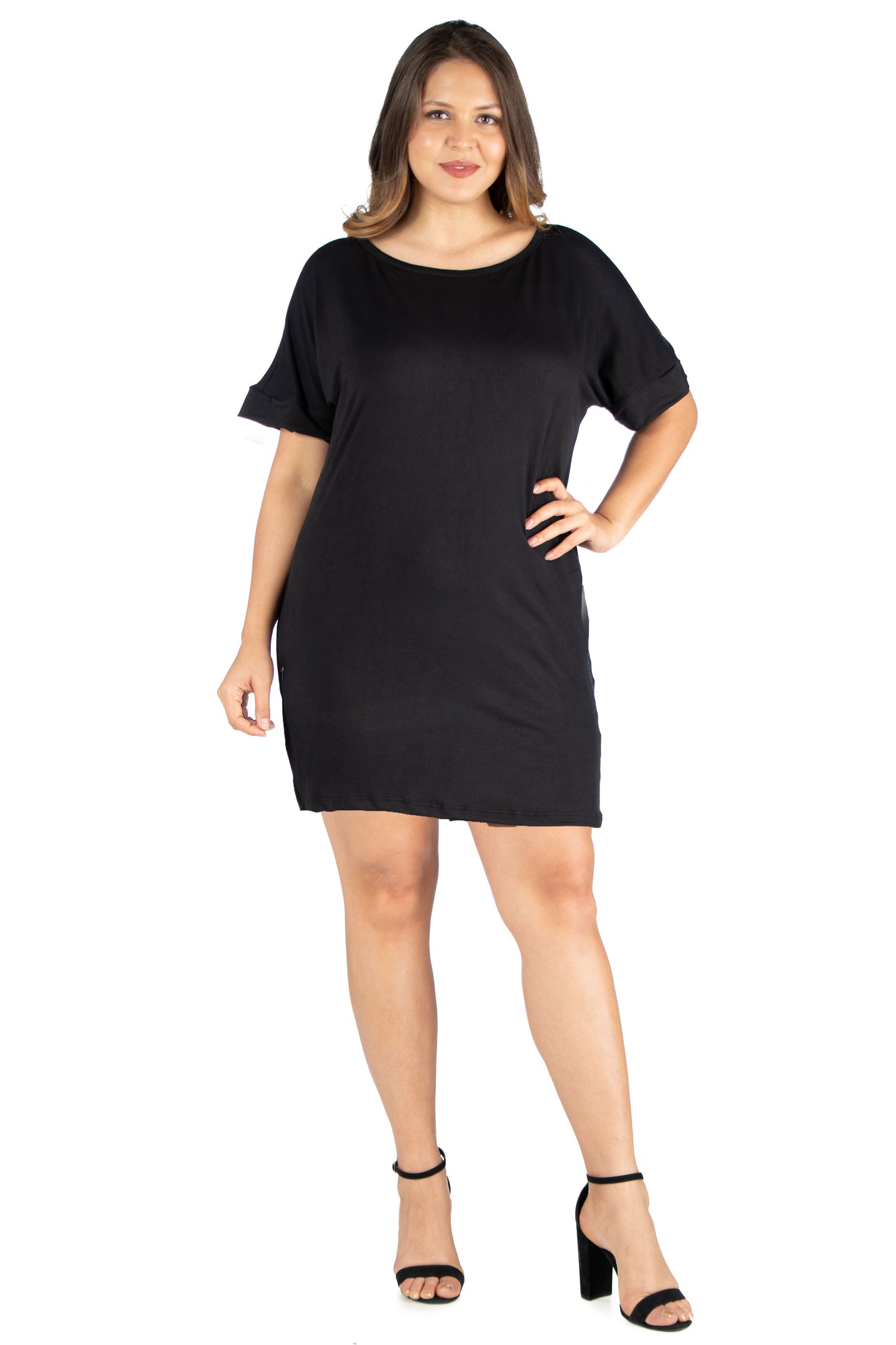 Womens Curvy Black Loose Fit Dolman Sleeve Dress with Scoop Neckline