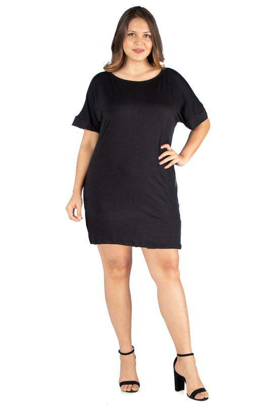 Womens Curvy Black Loose Fit Dolman Sleeve Dress with Scoop Neckline