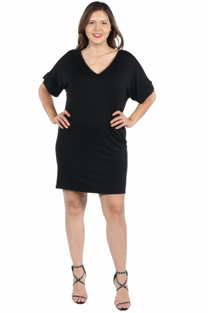 Womens Curvy Black V Neck Loose Fit Resort Dress