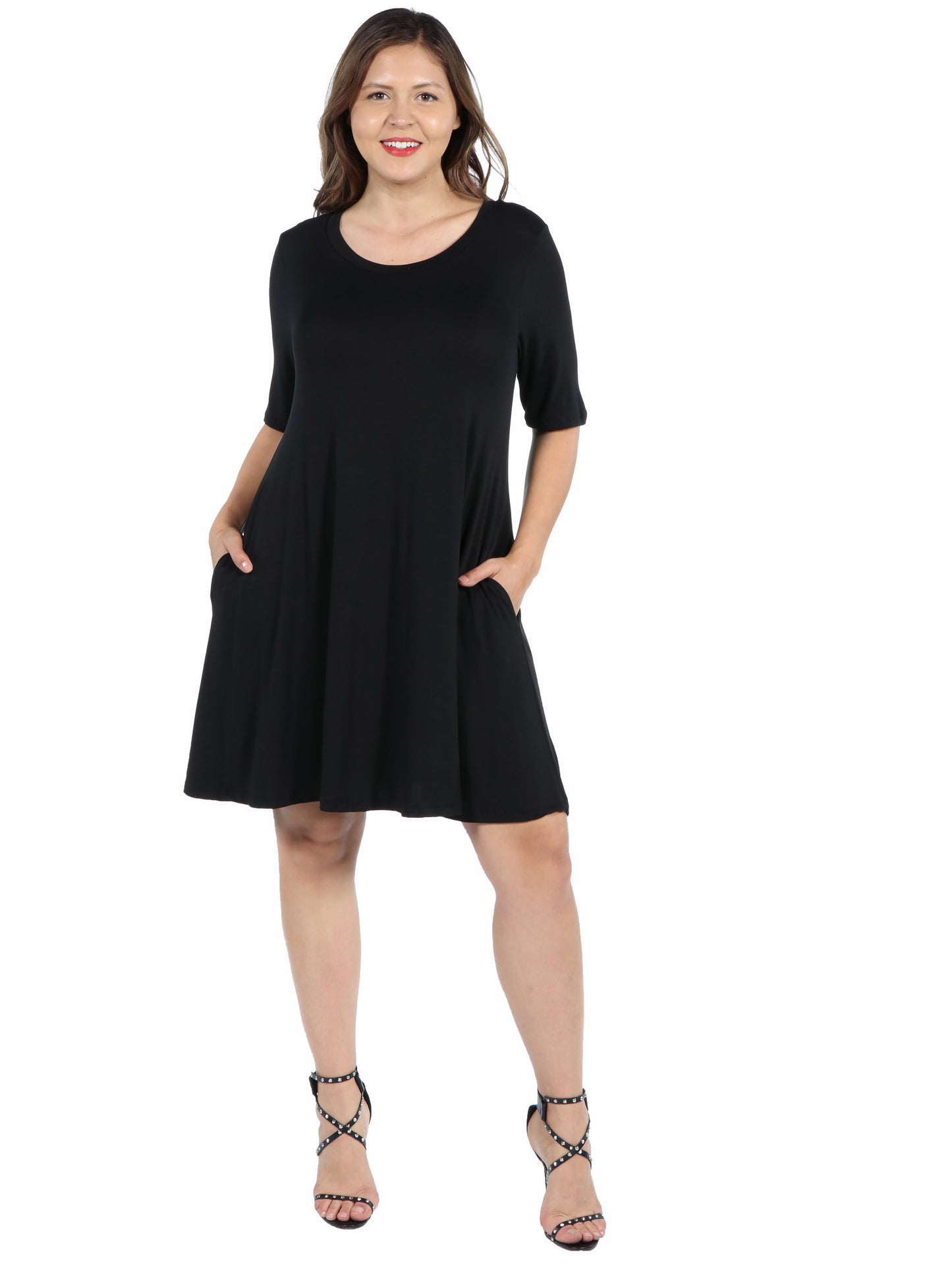 Womens Curvy Black Knee Length Pocket T Shirt Dress