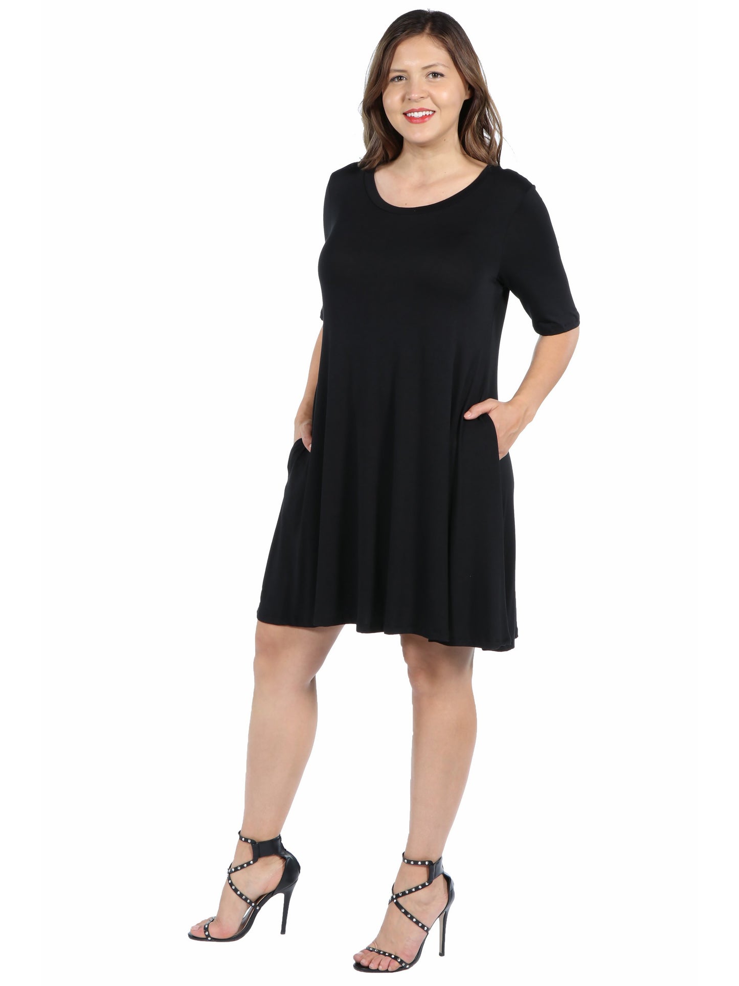 Womens Curvy Black Knee Length Pocket T Shirt Dress