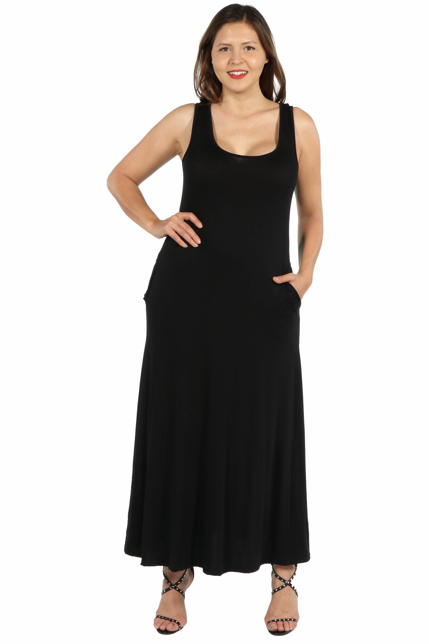 Womens Curvy Black Sleeveless Tank Maxi Dress with Pockets