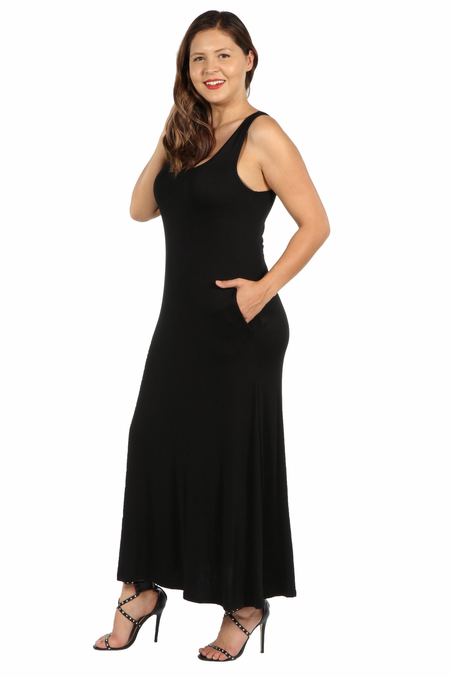 Womens Curvy Black Sleeveless Tank Maxi Dress with Pockets