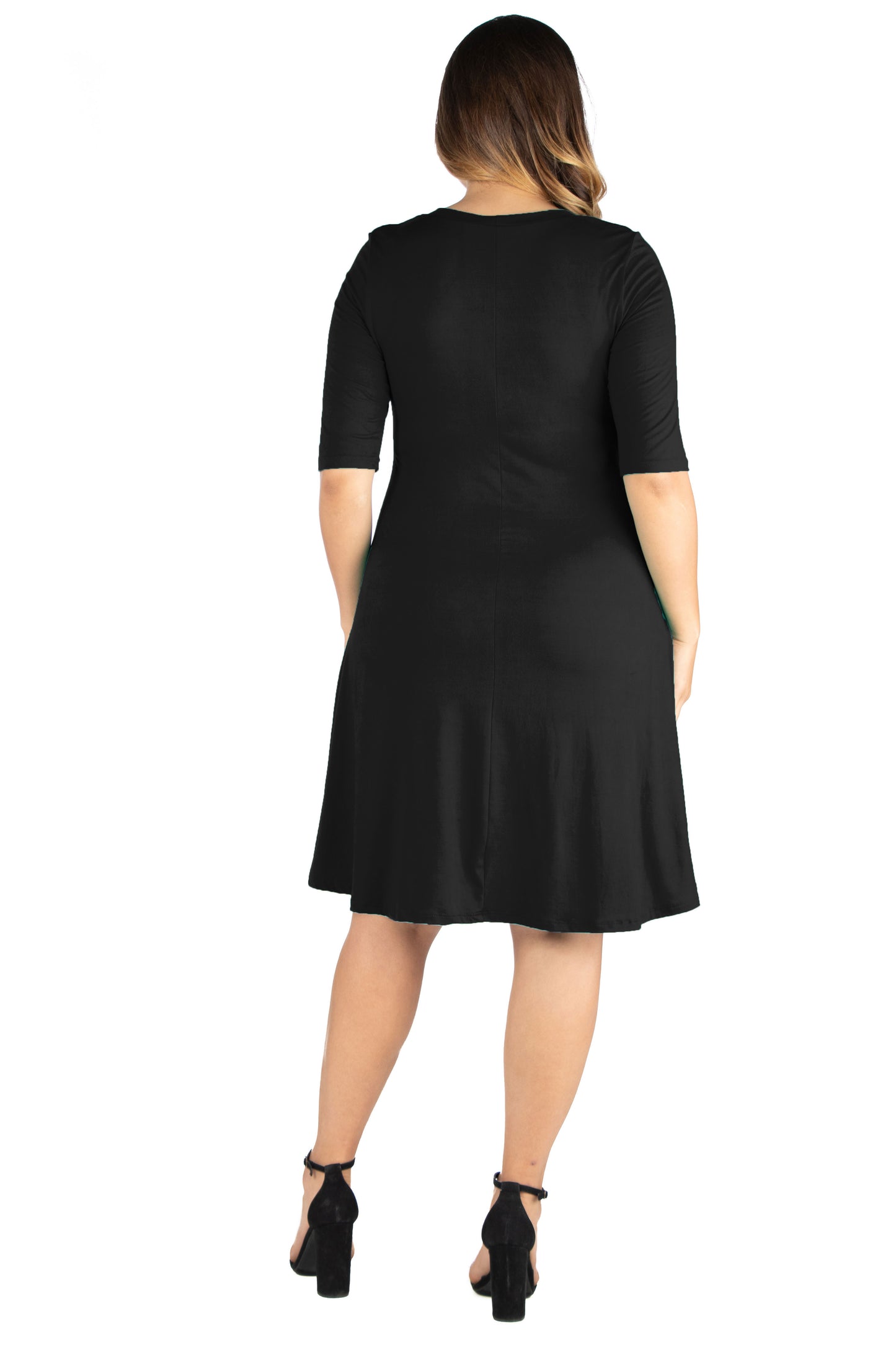 Womens Curvy Black Elbow Sleeve Knee Length Dress