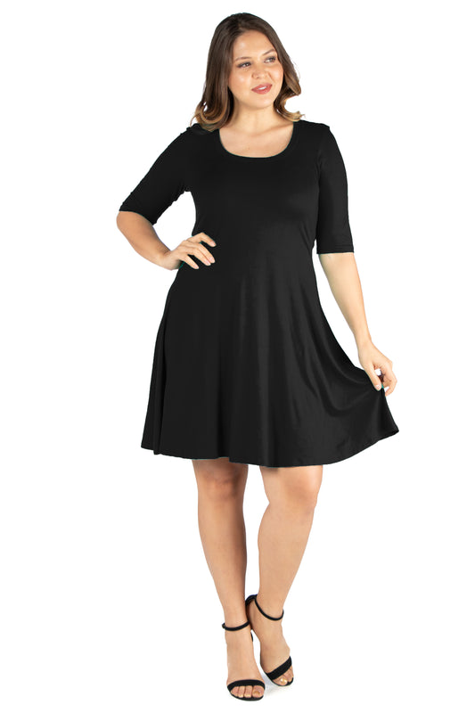 Womens Curvy Black Elbow Sleeve Knee Length Dress