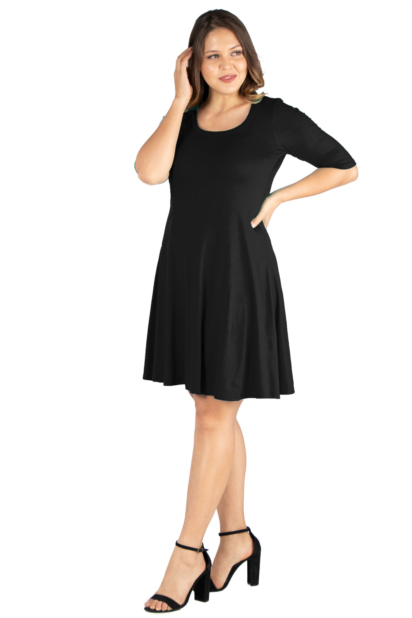 Womens Curvy Black Elbow Sleeve Knee Length Dress