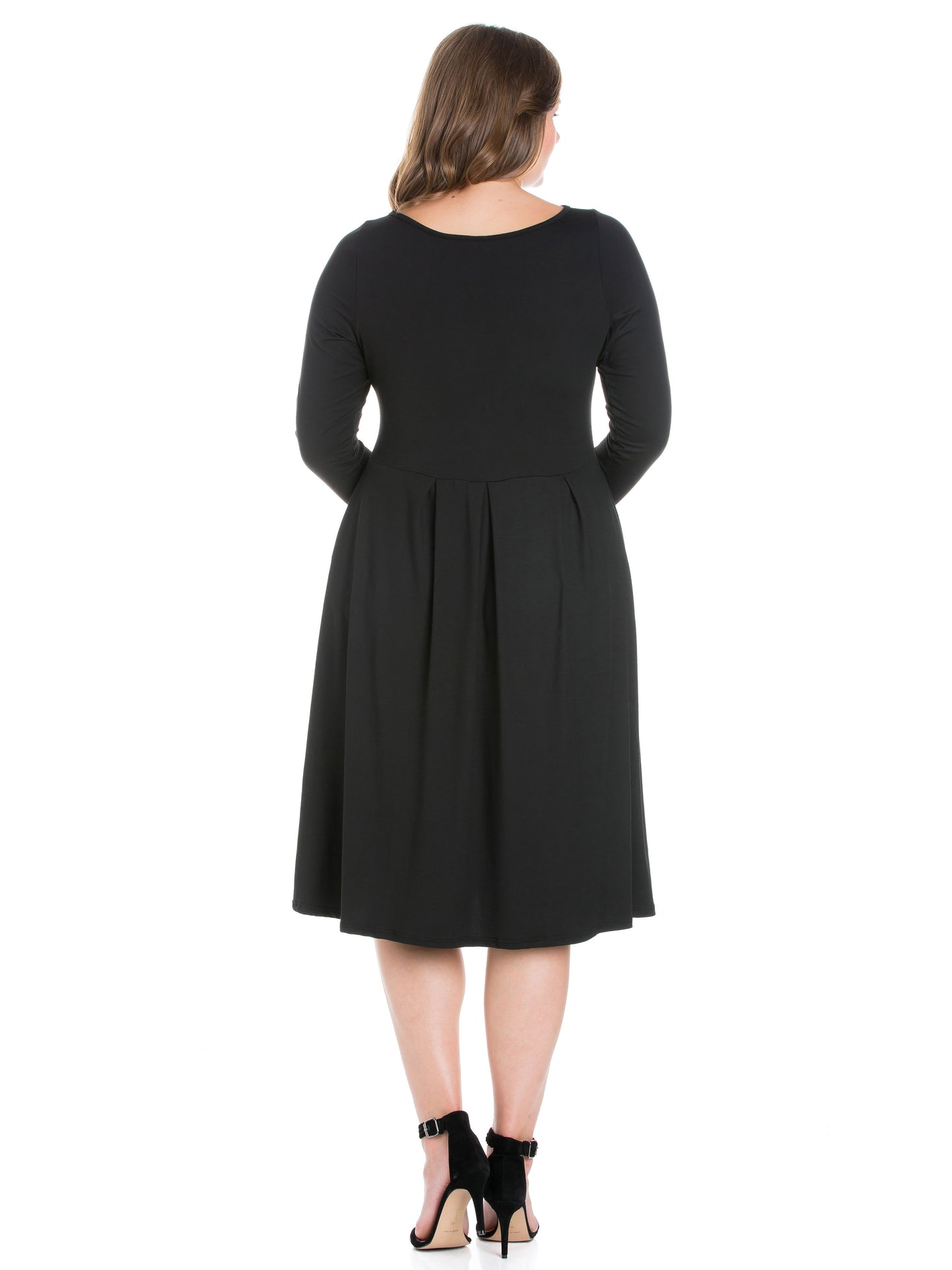 Womens Curvy Black Long Sleeve Fit and Flare Midi Dress