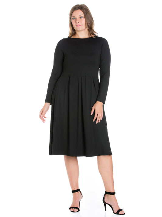 Womens Curvy Black Long Sleeve Fit and Flare Midi Dress